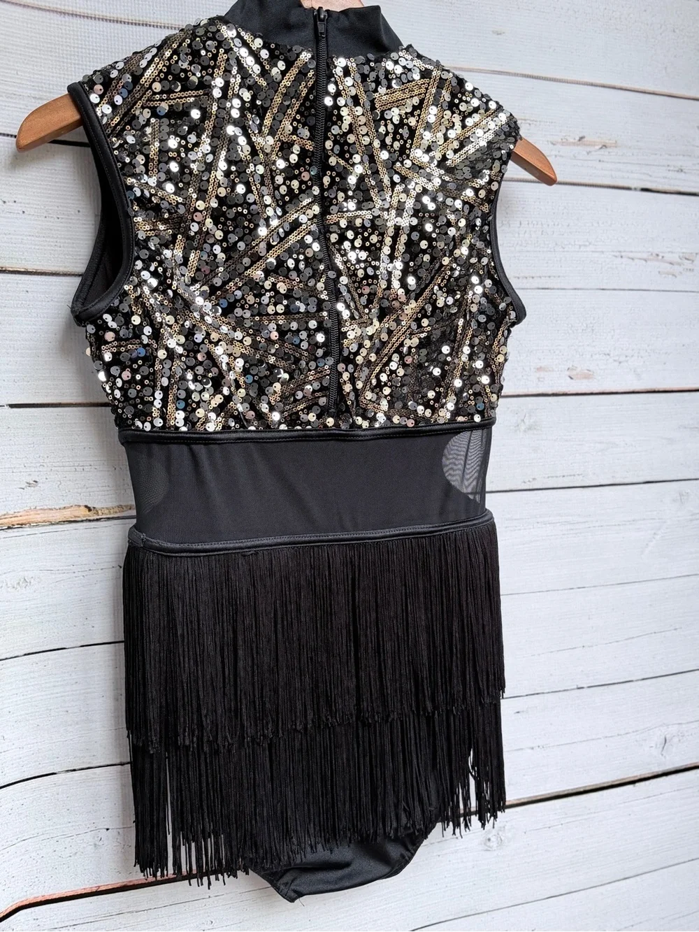 Black & Gold Sequin Fringe Dance Leotard - Kids